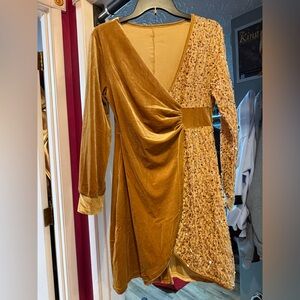 Elegant Gold Velvet Sequin Wrap Dress, NEW